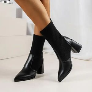 Women's Fashion Splicing Design Chunky Heeled Sock Boots - NEW
